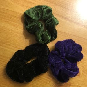 Pack of 3 velvet scrunchies:  green, purple, black